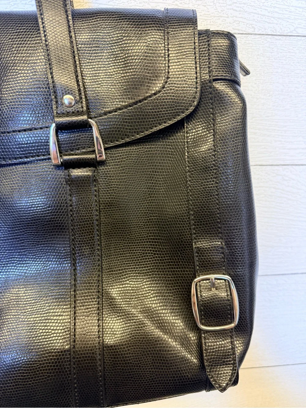 Diane Von Furstenberg Black Textured Leather Tote with Silver Buckles